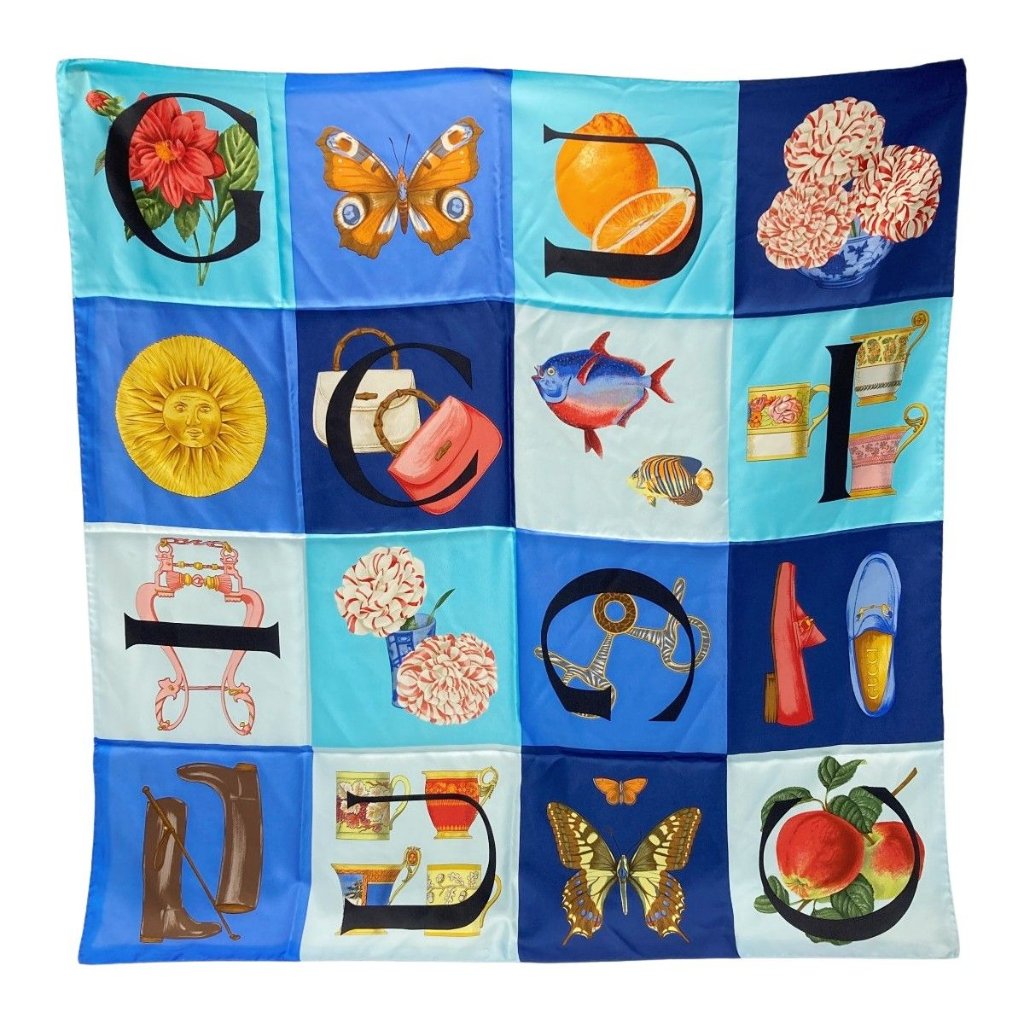 Gucci Panel Vintage Scarf Multicolor Blue 100 Silk